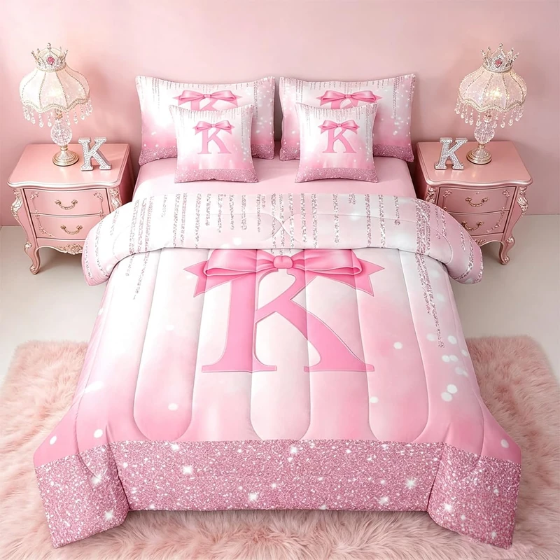 Feelyou Kids Pink Bowknot 7 Pieces Bedding Set King Size, Personalized Initial K Bed in A Bag Princess Glitter Comforter Set with Sheets Boys Girls Bow Alphabet Teens Bed Set Bedroom Decor 7Pcs