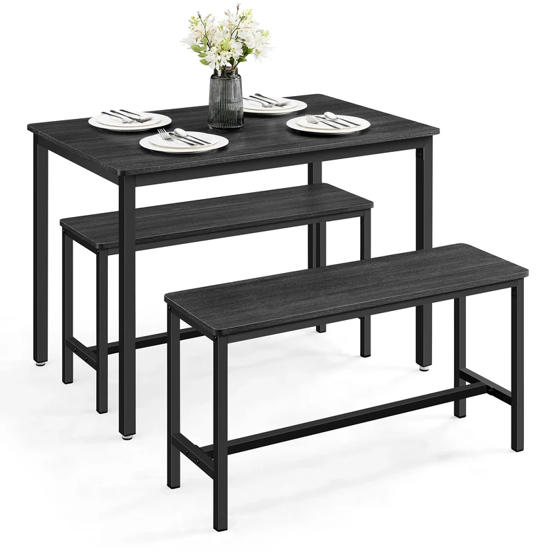 VASAGLE Dining Table with 2 Benches, 3 Piece Set, Kitchen Table of 70 x 110 x 75 cm, 2 Benches of 30 x 97 x 50 cm Each, Steel Frame, Charcoal Grey and Ink Black KDT070B10
