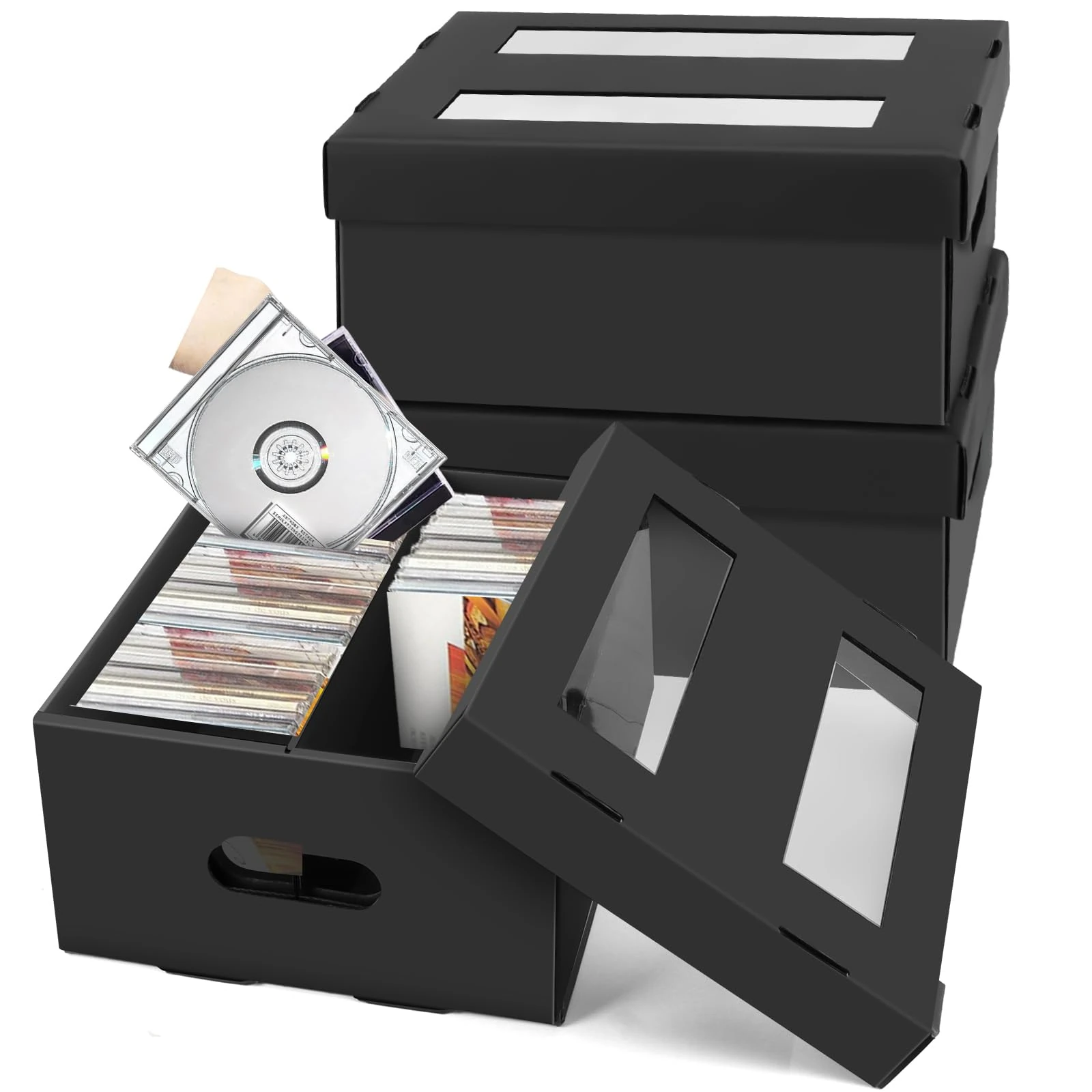 AOBOPLE CD Storage Boxes,3 Pack 2 Compartment CD Case Storage,Cardboard CD Case Holder with PVC Window Lid,Holds 60 CDs in Full Jewel Cases,120 CDs in Slim Cases,and 330 Discs in CD Sleeves