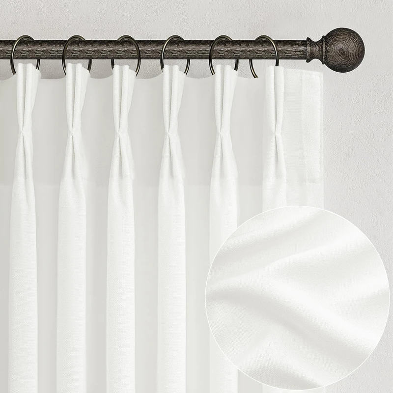 PleatedDrapes Pure White Semi Sheer Curtains 100 Inches Long for Kids Room, Pinch Pleat Neutral Thick Linen Privacy Curtain Light Filtering with Back Tab 8-1/3FT Length Dining Room Drapes 2 Panels Set