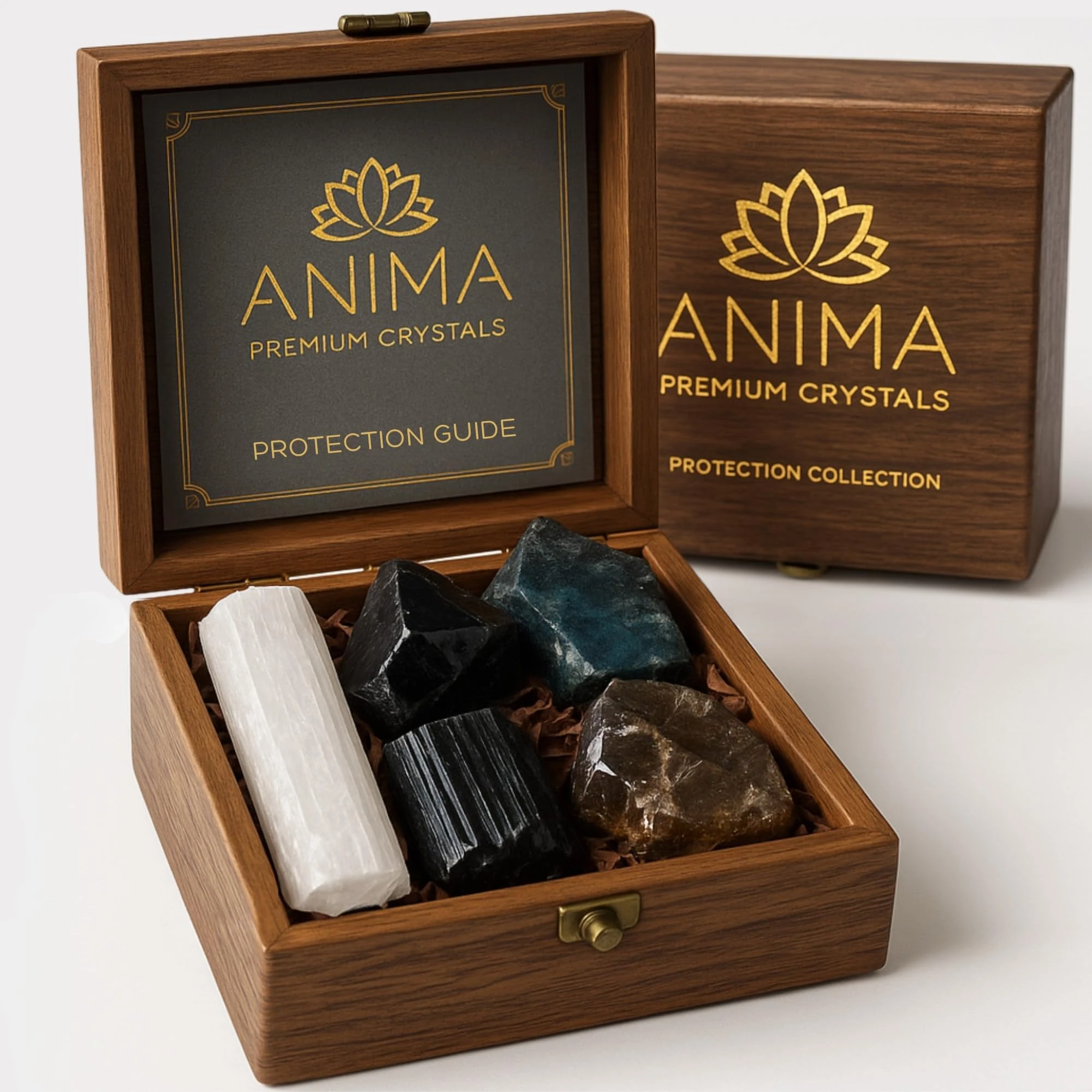 Anima Premium Protection Healing Crystals Set for Energy Shielding - Large Raw Obsidian, Black Tourmaline, Labradorite, Smoky Quartz & Selenite Bar - Wooden Gift Box and Guide Booklet Included