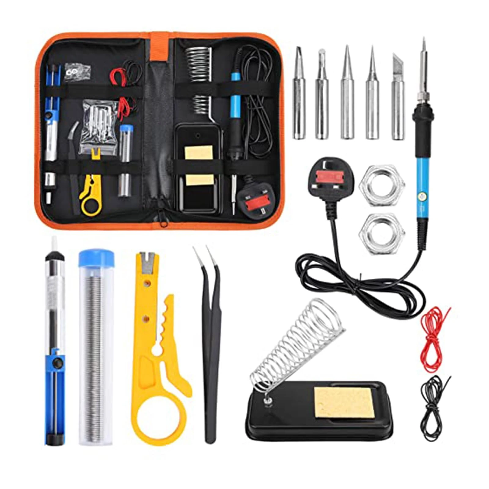 Premium 60w Soldering Iron Kit for DIY Repairs Fast Heating Adjustable Temperature 5 Precision Tips Desoldering Pump Solder Wire Wire Stripper Cutter All in One Electric Welding Tool Set with Storage