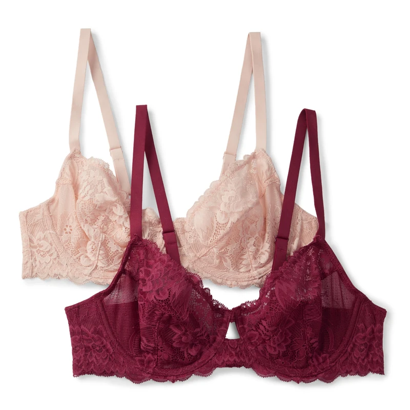 Amazon Essentials Women's Stretch Lace Balconette Bra, Pack of 2, Burgundy/Soft Petal, 38B