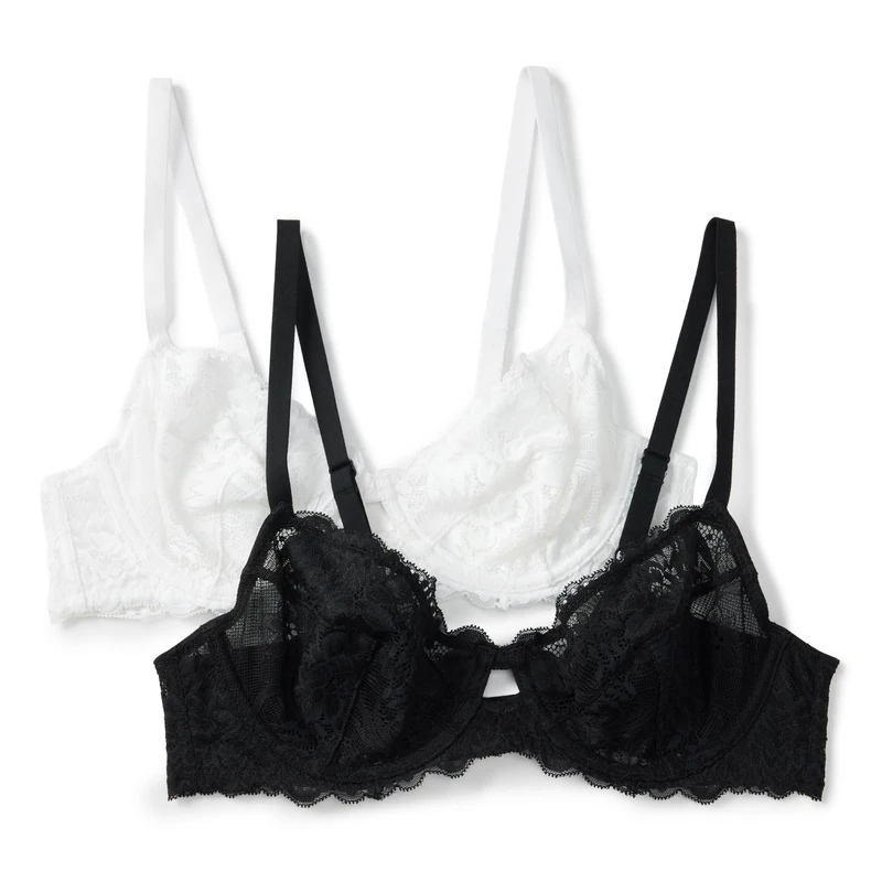 Amazon Essentials Women's Stretch Lace Balconette Bra, Pack of 2, Black/White, 34B - Image 1