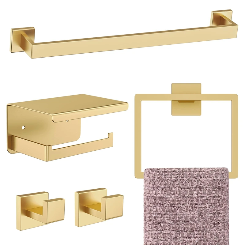 Kiakuoow Brushed Gold Bathroom Hardware Set,5-Piece Gold Towel Bar Set Stainless Steel Towel Holder Set 16 Inch Towel Bar Towel Rack Set for Bathroom,Wall Mounted