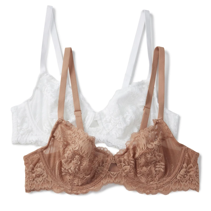 Amazon Essentials Women's Non-Padded Underwire Balconette Bra, Soft-Stretch Lace, Pack of 2, Washed Bronze/White, 38C