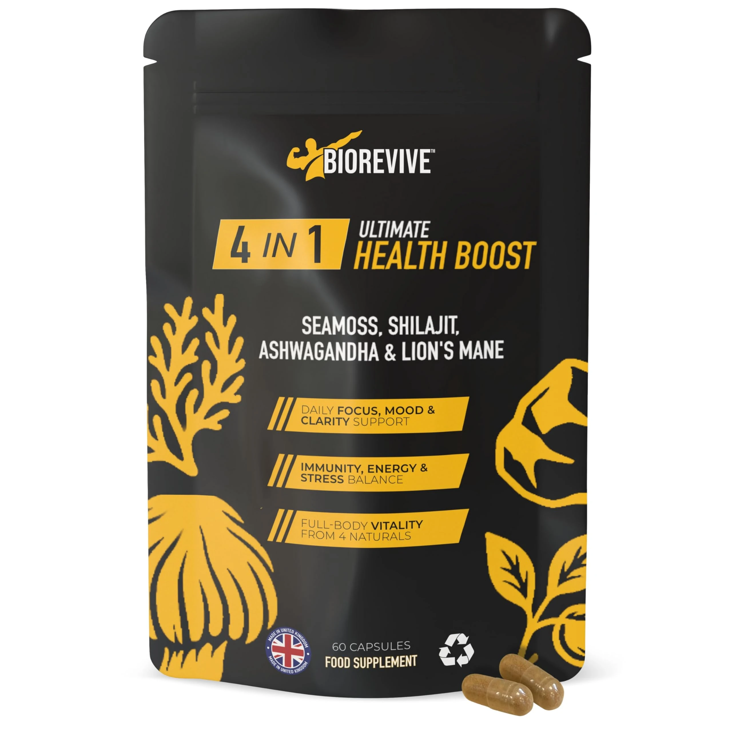Biorevive Ultimate Health Boost Sea Moss, Shilajit, Lion's Mane and Ashwagandha Complex 60 Capsules Natural Energy, Focus, Immunity and Gut Health Support Wellness Supplement