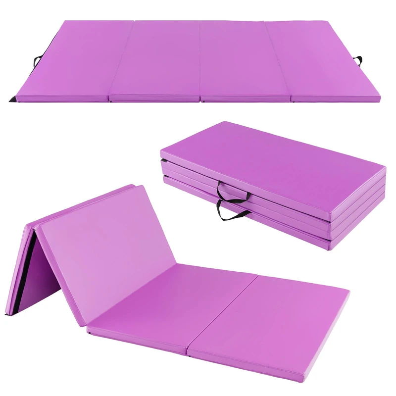 GYMAX Foldable Gymnastics Mat, 8FT x 4FT Extra Thick Tumbling Mat with Carry Handles, Non-slip PU Leather Exercise Mats for Yoga, Pilates, Tumbling, Stretching and Fitness (Light Purple)