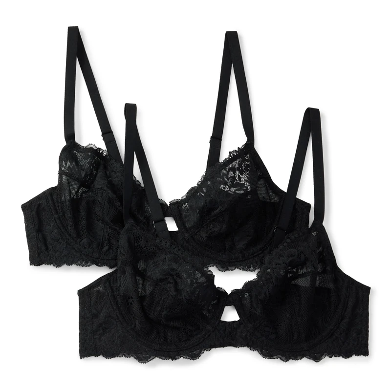 Amazon Essentials Women's Stretch Lace Balconette Bra, Pack of 2, Black, 34D