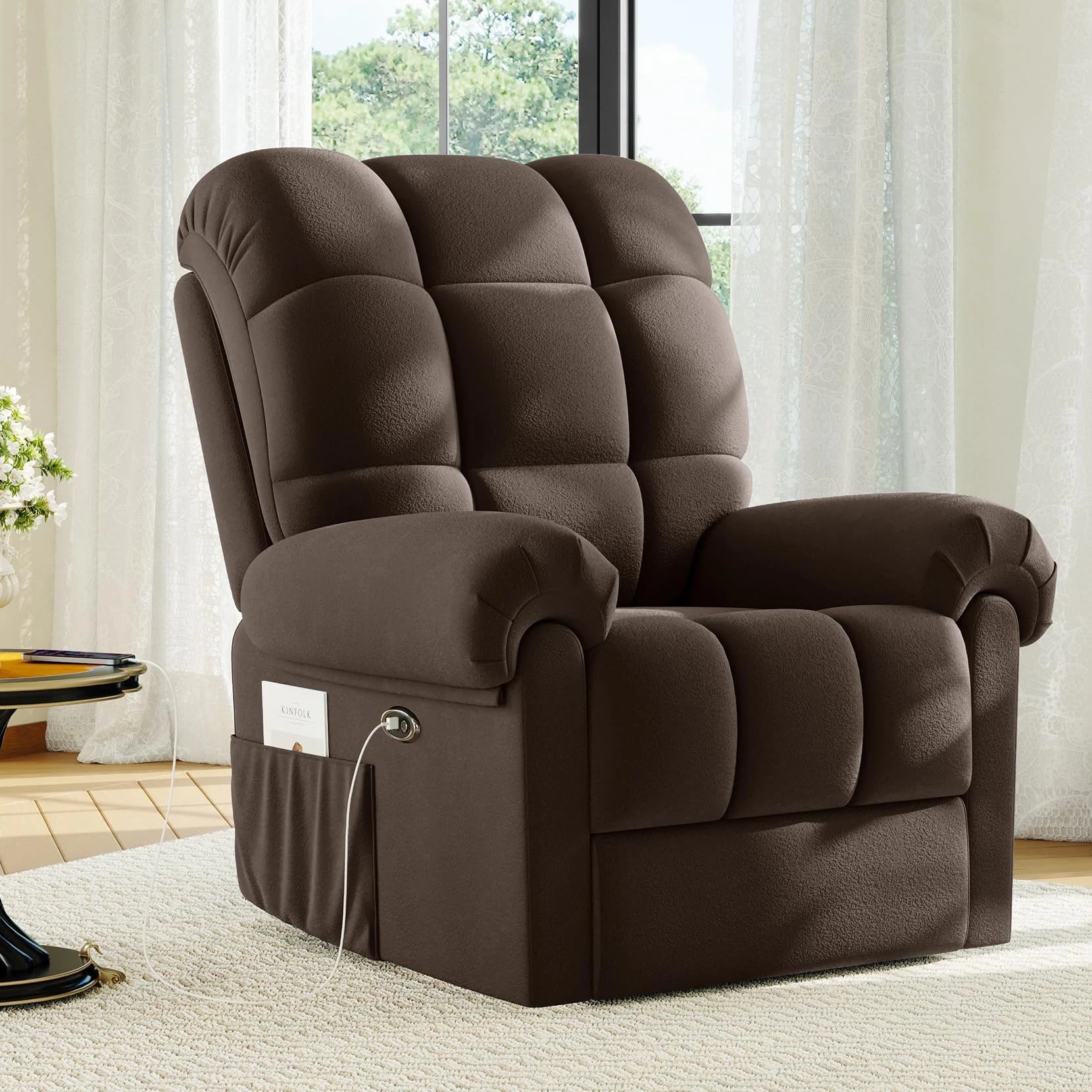 Welzona Recliner Chair for Adults, Electric Recliner Armchair with Infinite Position, USB Port, Ultra-Comfy Padded Cushion Teddy Fleece Reclining Chairs for Living Room with Side Pokect, Brown