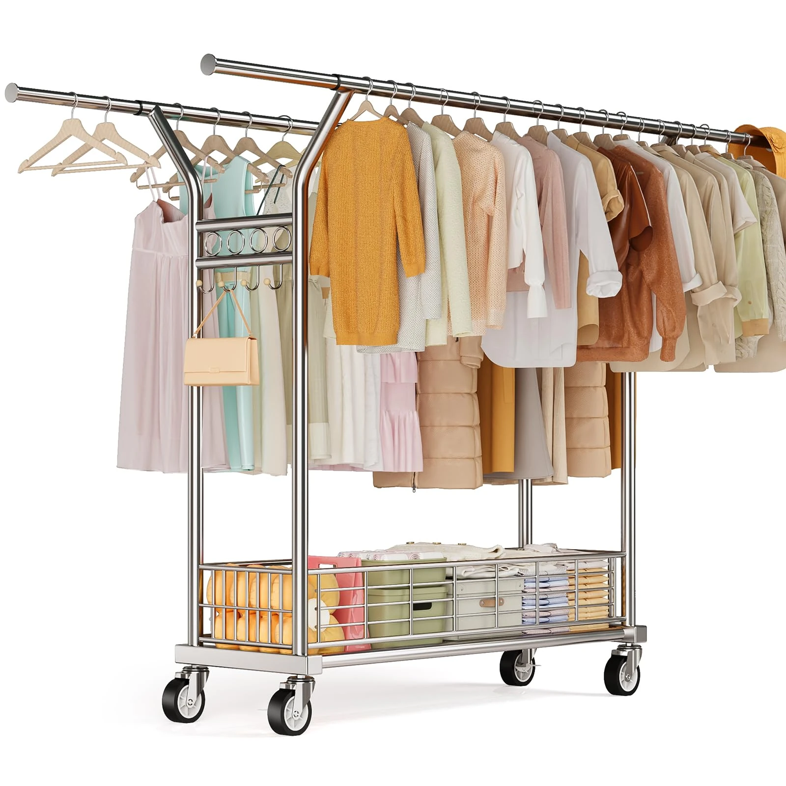 Dobyusf Heavy Duty Clothes Rack - Double Rod Clothing Racks for Hanging Clothes, Portable & Adjustable Garment Rack with Wheels, Rolling Clothes Rack Load 670LBS for Bedrooms, Laundry, Closet (Sliver)