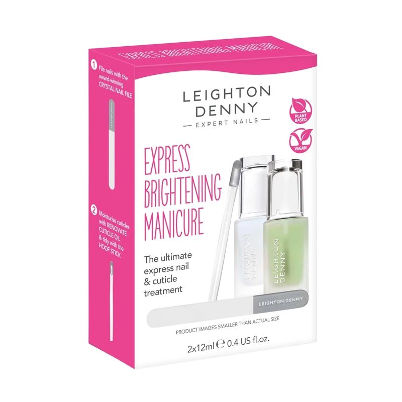 LEIGHTON DENNY Express Brightening Manicure Set | includes Nail Illuminator Milky 2-in-1 treatment base coat and nail polish, Renovate Cuticle Oil, Mini Crystal Nail File & Hoof Stick