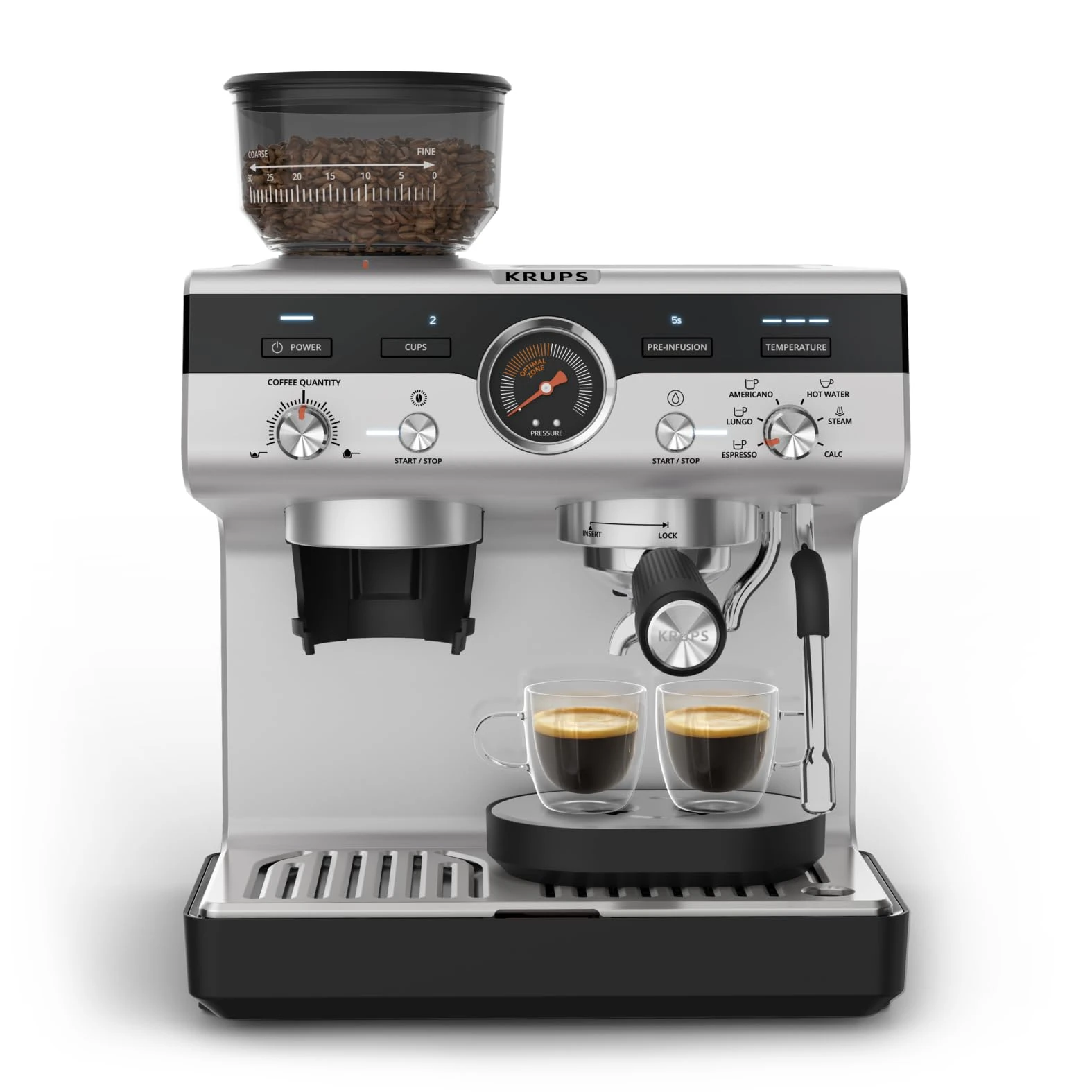Krups Precision, Manual Espresso Machine With Grinder, Perfectly Crafted Espresso, Intuitive Interface, XP801TG0, Black/Stainless Steel