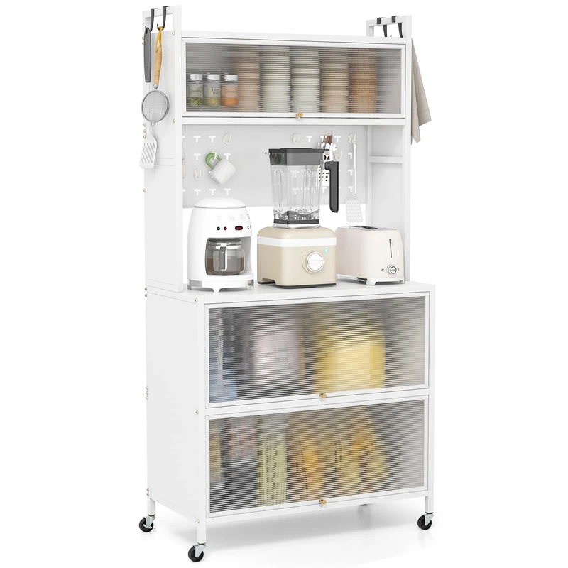 FANTASK Tall Kitchen Cabinet, Kitchen Shelf with Wheels, Buffet Cabinet with Folding Doors, Pegboard, Hook & Tilt Protection, Standing Shelf, Tall Cabinet, 80 x 40 x 160 cm (White)