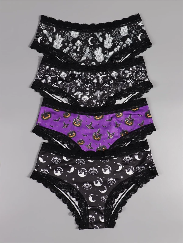 Gothic Halloween Women's Lace Briefs - 4-Pack Pumpkin Moon Print - Image 1