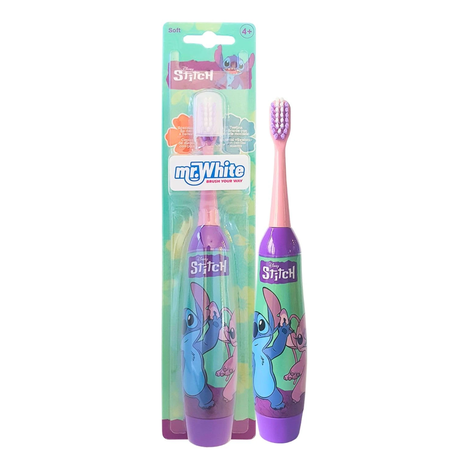 Disney Stitch Battery Powered Electric Toothbrush for Kids – Soft Rounded Bristles, Enhanced Vibration, Protection Cap & Battery Included | Gentle & Fun Oral Care for Children Ages 4+