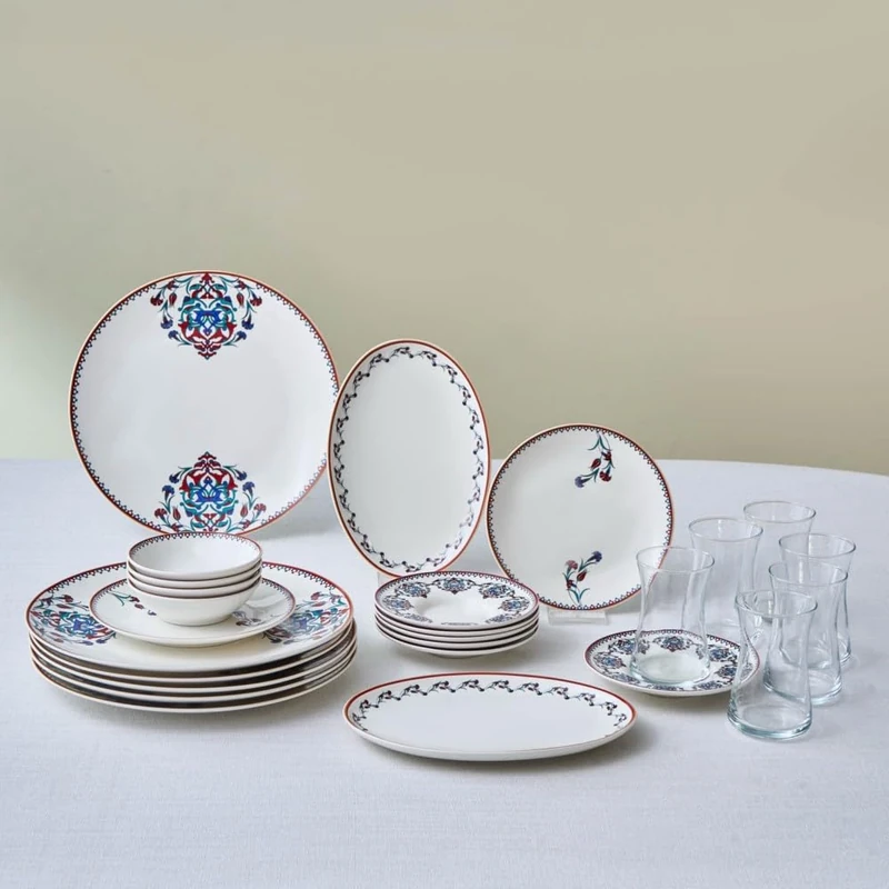 Karaca Nakkas 26-Piece Breakfast Service for 6 People, Traditional Turkish Blue White Bone China Tea Cups Saucers Jam Plates Bowls Set, Luxury Elegant Brunch Ceramic Tableware Kit, Dishwasher Safe