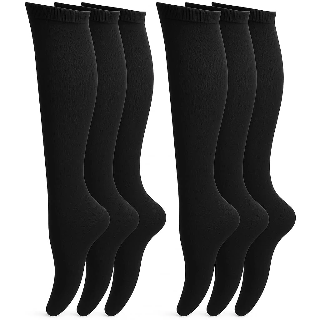 ZANGOC 6 Pairs Women & Girls Knee High Cotton Socks – Soft-Warm & Stretchy Long Stockings – Solid Colour, Thigh Grip, UK Size 4-6