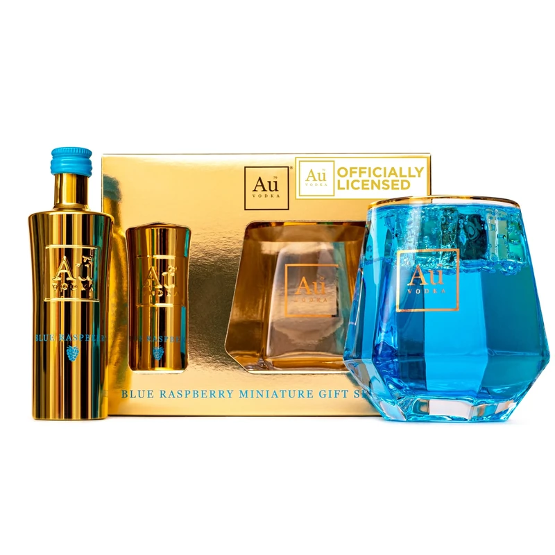 Au Vodka Gift Set - Blue Raspberry Flavoured Vodka 5cl Miniature & Diamond Cut Gold Glass - Official Licensed - Valentines, Birthday Gifts for Men and Women - Handcrafted In The UK, Alcohol Gift Set