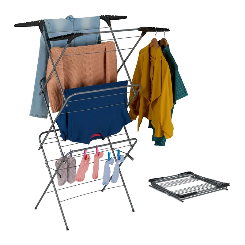Relaxdays Airer, 3 Tiers, Folding Laundry Rack, Space-Saving Clothing Horse, HxWxD: 138x63.5x50 cm, Grey/Black, Plastic, Iron - Image 1