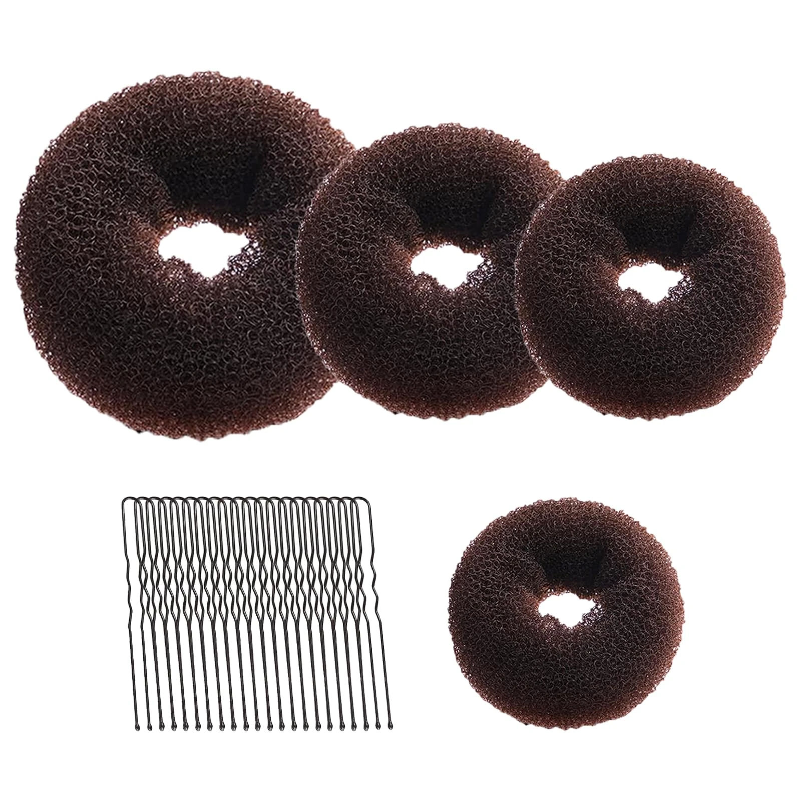 4 Pcs Ring Style Donut Bun Shaper, Hair Donut Bun Maker Set with 20 HairPins, Hair BunDonuts, Hair Donuts Brown for Girls Kids Women DIY Chignon HairStyles (Brown,4 Sizes)