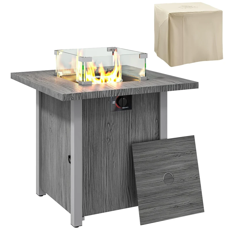 Outsunny Propane Gas Fire Pit Table for Garden, 40000 BTU Smokeless Firepit Outdoor Heater with Waterproof Cover, Glass Screen, Glass Beads and Lid, Wood Effect, 71 x 71 x 62.5cm, Dark Grey
