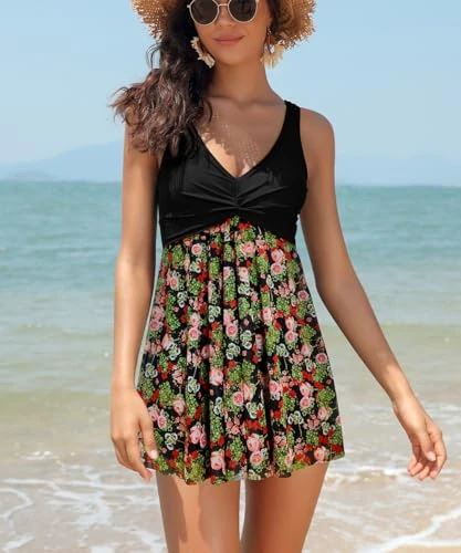 Womens V Neck One Piece Swimsuit Net Yarn Modest Tummy Control Skirtini Swimdress Bathing Suits, Black-2, XX-Large