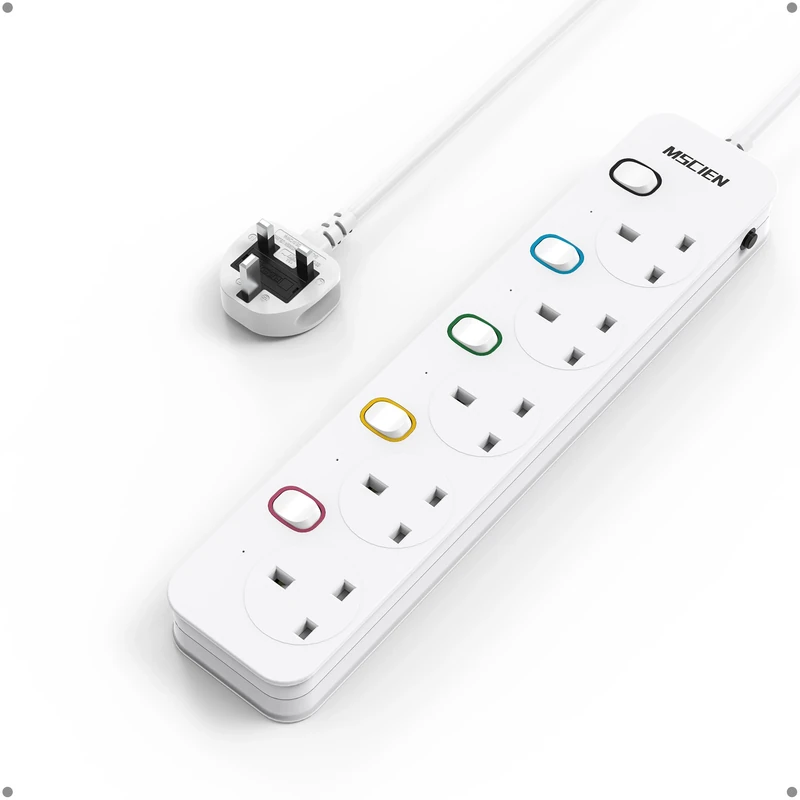 Mscien Short Extension Lead 1M 5 Way Wall Mounted, 1M Extension Lead 5 Gang Switched with Multiple Protection, Fused Power Strip with Indicator Light, Suitable for Home, Office and Kitchen, 13A/3250W