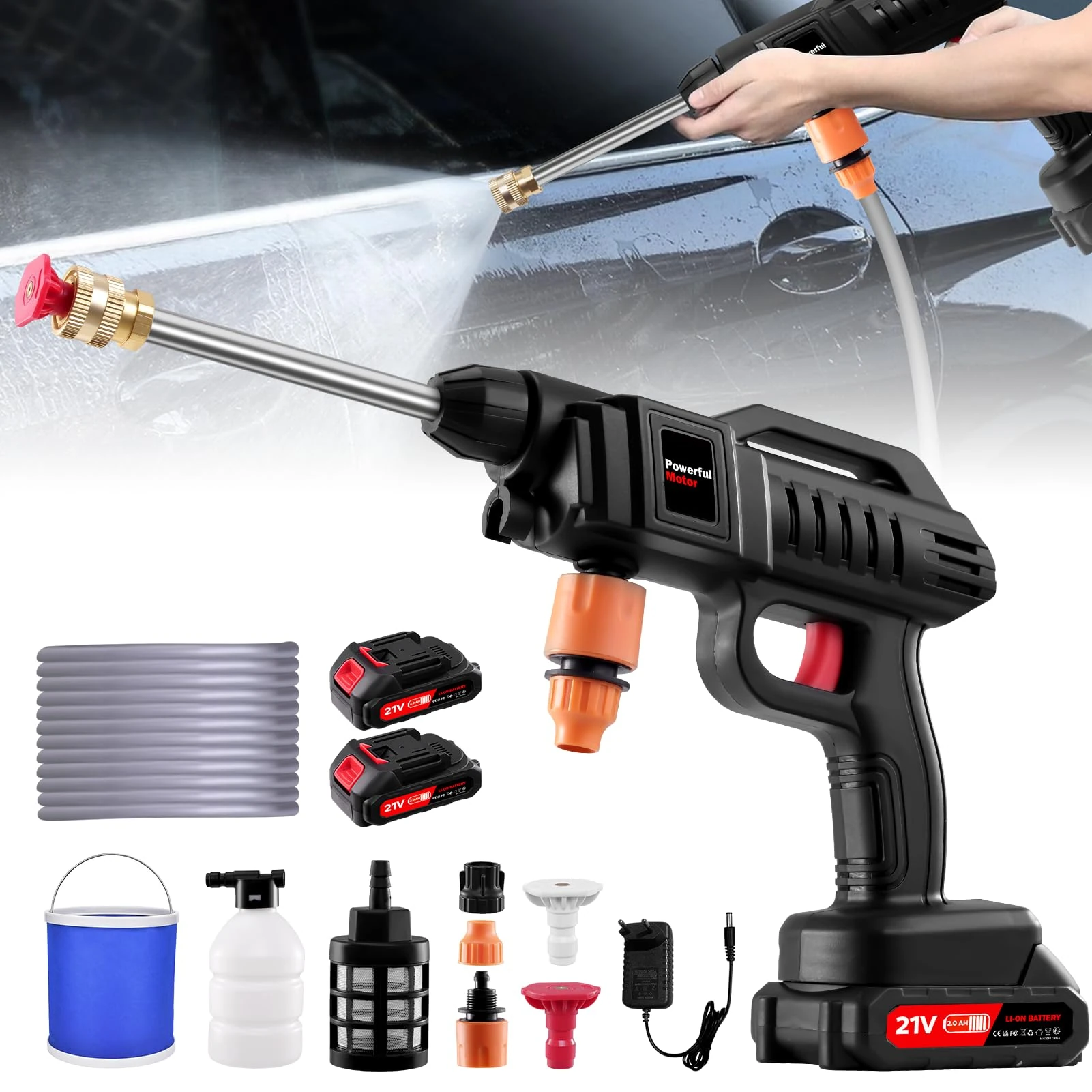 21V Handheld Pressure Washer Kit, Cordless Pressure Washer, 1500W High Pressure Washers with 2 Nozzles, 2 Batteries, 5m Hose Cordless Jet Washers/Pressure Washers for Car Floor Outdoor with Bucket