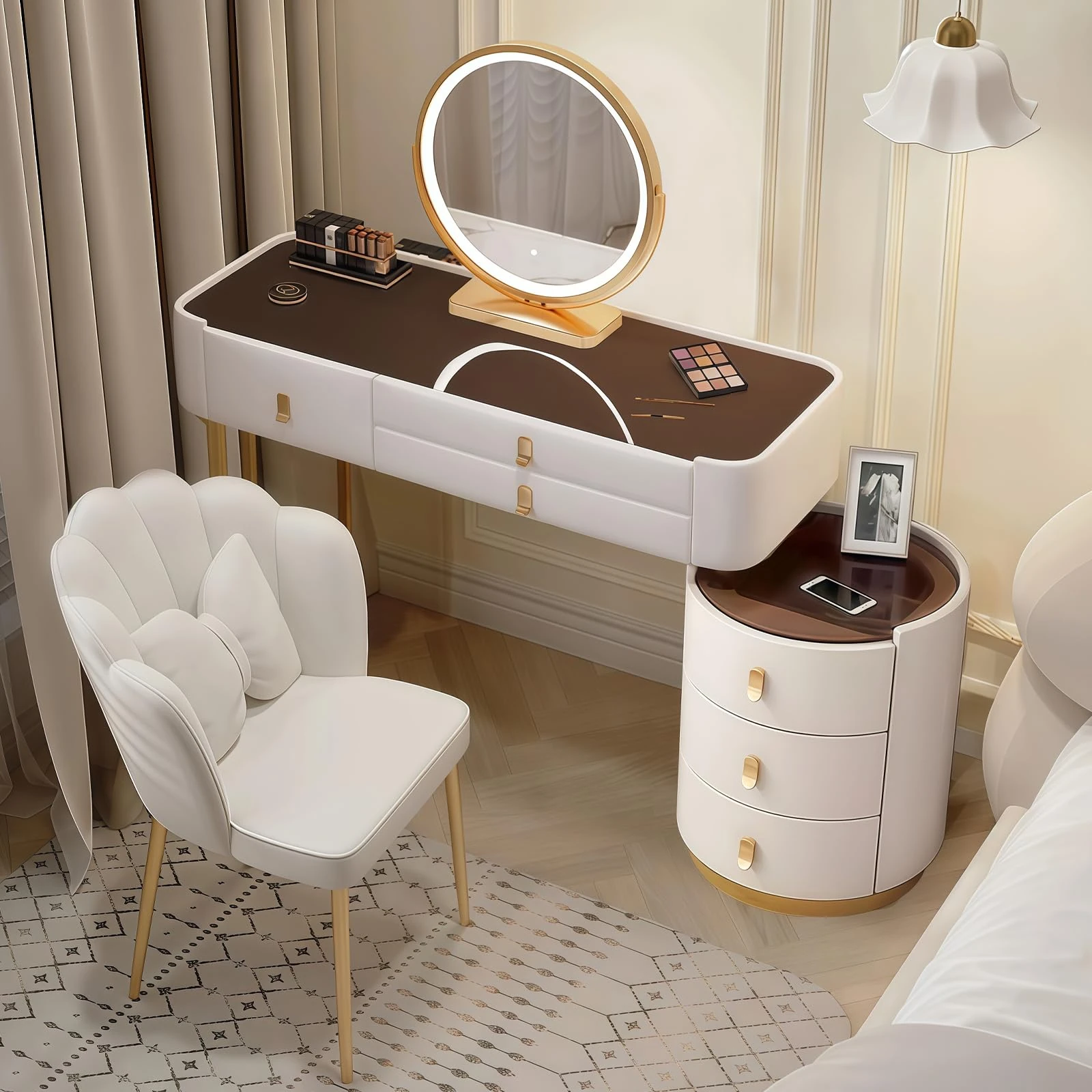 Dressing Table & Chair set, Vanity Table w/ 3-Color LED Lights Mirror, Glass Top Makeup Table with 6 Drawers for Bedroom, Side Cabinet Flexible Assembly,White 39.4in