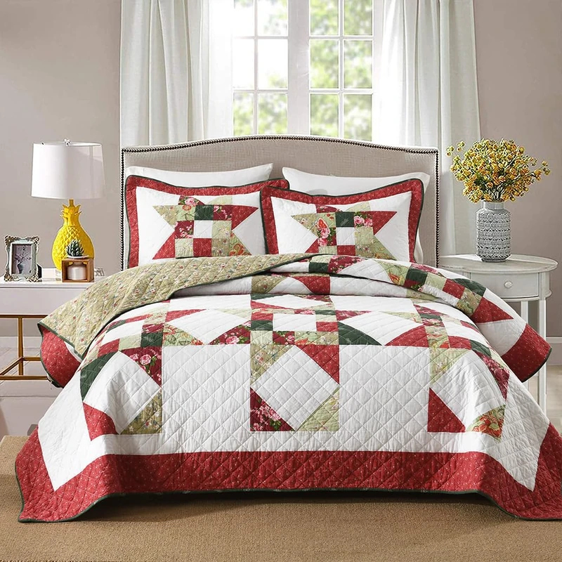 camandy Cotton Quilt Bedding Sets 3 Pieces Soft Reversible Coverlets Luxury Star Real Patchwork Bedspread, Red White, Queen Size