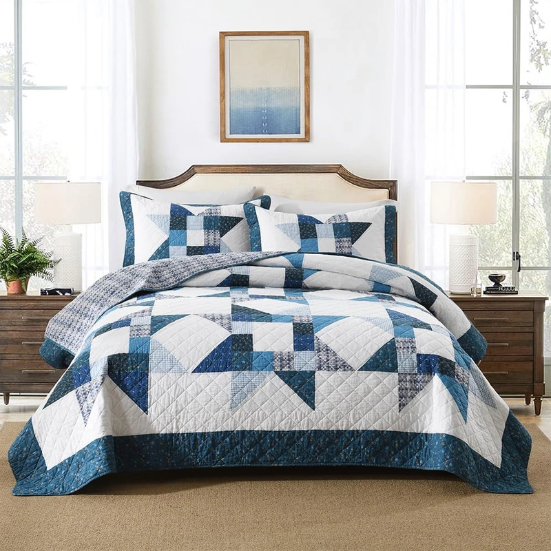 camandy Cotton Quilt Bedding Sets 3 Pieces Soft Reversible Coverlets Luxury Star Real Patchwork Bedspread, Blue White, King Size