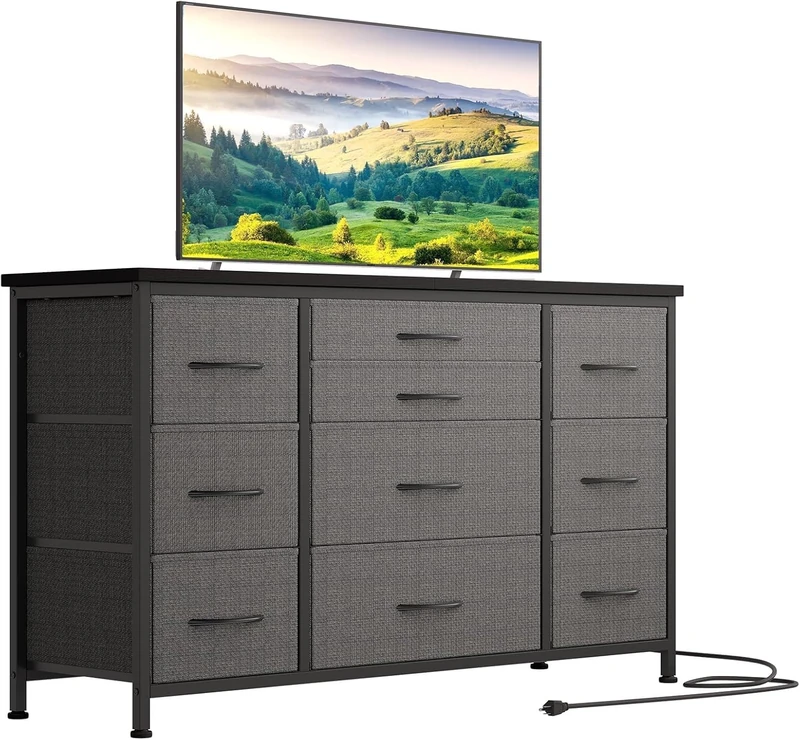 Zstar Chest of Drawers for Bedroom with Drawers, Metal Frame TV Cabinet Made of Fabric with 3 Sockets, Modern Decoration Wooden Table Top Chest of Drawers with 10 Drawers for Bedroom, Living Room - Image 1