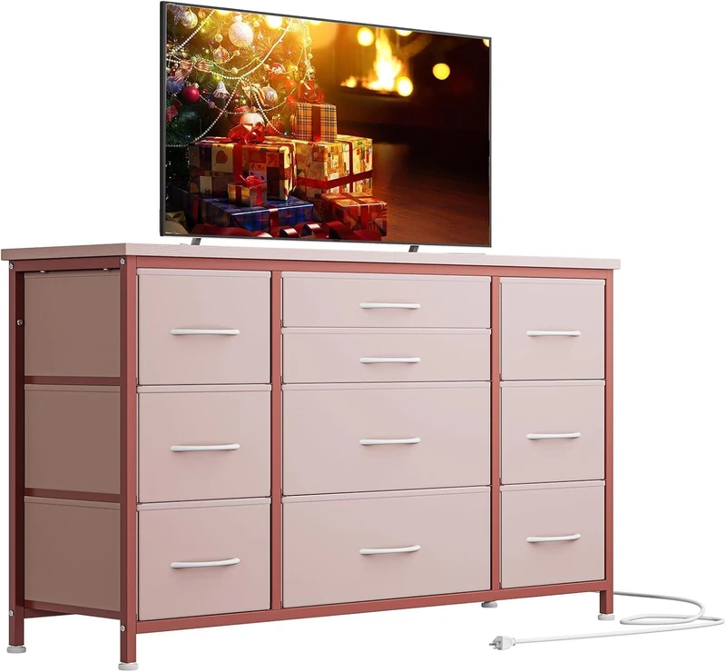 Zstar Chest of Drawers for Bedroom with 10 Drawers, Metal Frame, Fabric TV Cabinet with 3 Sockets, Modern Decoration Wooden Table Top Chest of Drawers for Bedroom, Living Room, 120 x 39 x 70 cm, Rose - Image 1