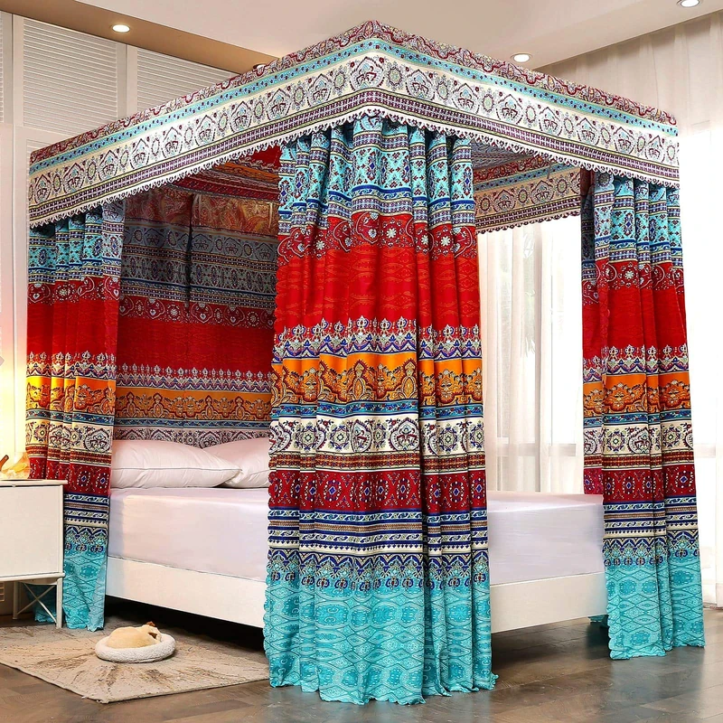 ZIQINPSQ Bed Canopy Canopy Bed Curtains, Bohemian 4 Corner Post Bed Curtains for Adults Girls Bedroom Decor (Super King, Multicolor A)