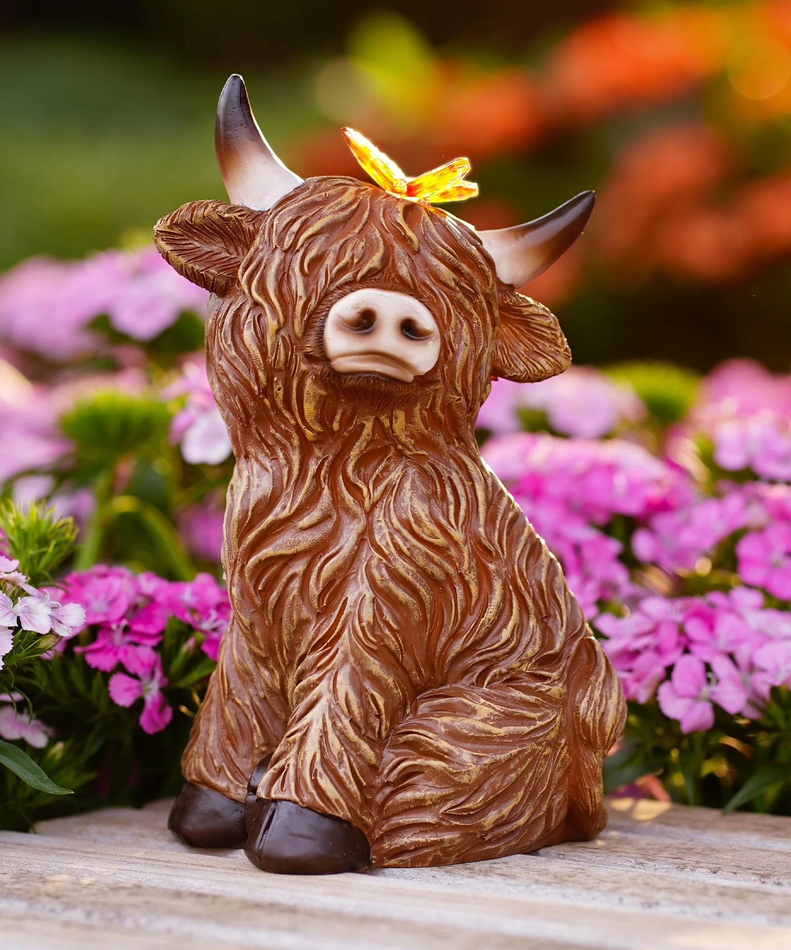 Yeomoo Solar Powered Highland Cow Garden Ornaments - Outdoor Resin Statue with Butterfly Fairy Lights for Lawn Balcony Patio Yard Decor - Funny Gifts for Women Mum Grandma(Brown)