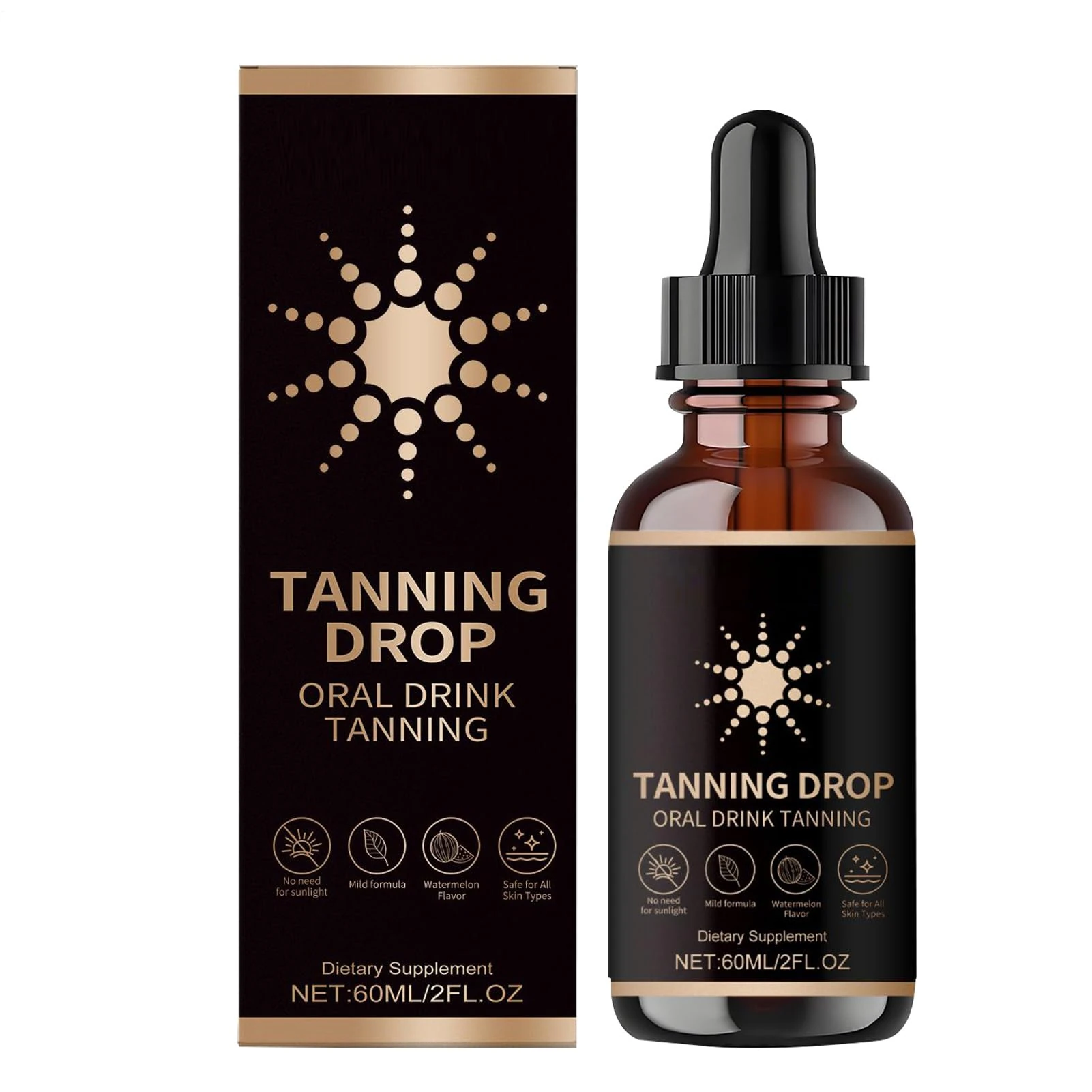 Sunless Tanning Drops To Drink, 60ML Sunless Oral Tanning Drops, Selfs Tannings Drinkable Tannings Oil Drop without Sun Damage, No Sun Required Selfs Tanners Face Body Drop, for All Skin Types