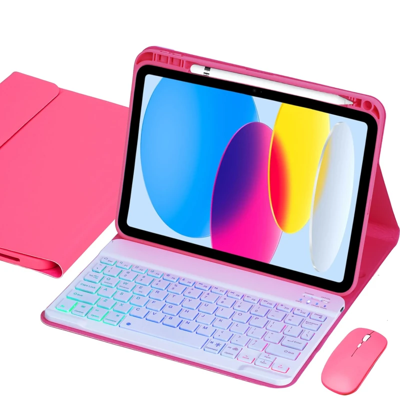 VLEAQC Keyboard Case for iPad (A16) 11th Gen 11 Inch 2025/ 10th Gen 10.9″ 2022, Wireless Rainbow Backlight Detachable Keyboard with Mouse, Thin & Light, Pencil Holder (Red)
