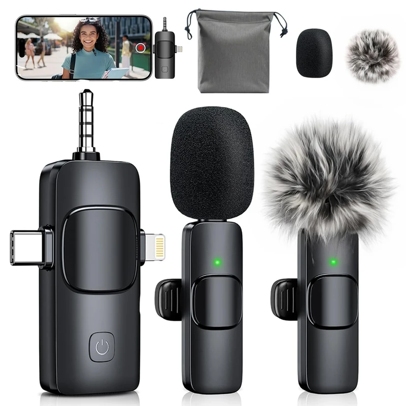 MENERESAS Wireless Lavalier Microphone for iPhone: 3 in 1 Mini Microphones for iPad, Camera and Android Devices, Noise Reduction Lapel Mic