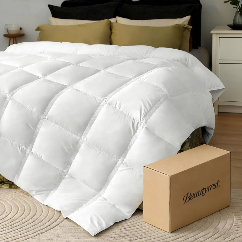 Beautyrest White Goose Down Fiber Comforter Queen Size,100% Cotton Lightweight Ultra-Soft Duvet Insert w/Corner Tabs for Summer and Hot Sleeper,Hotel Quality Hypoallergenic Bedding,90''x90''