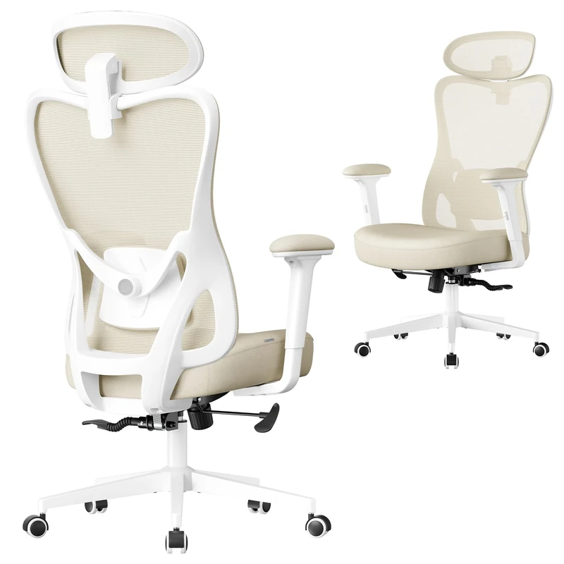 SONGMICS Ergonomic Office Chair, Computer Desk Chair, Adjustable Lumbar Support and Headrest, 150 kg Weight Capacity, Height Adjustable, Sand Beige OBN066LF02