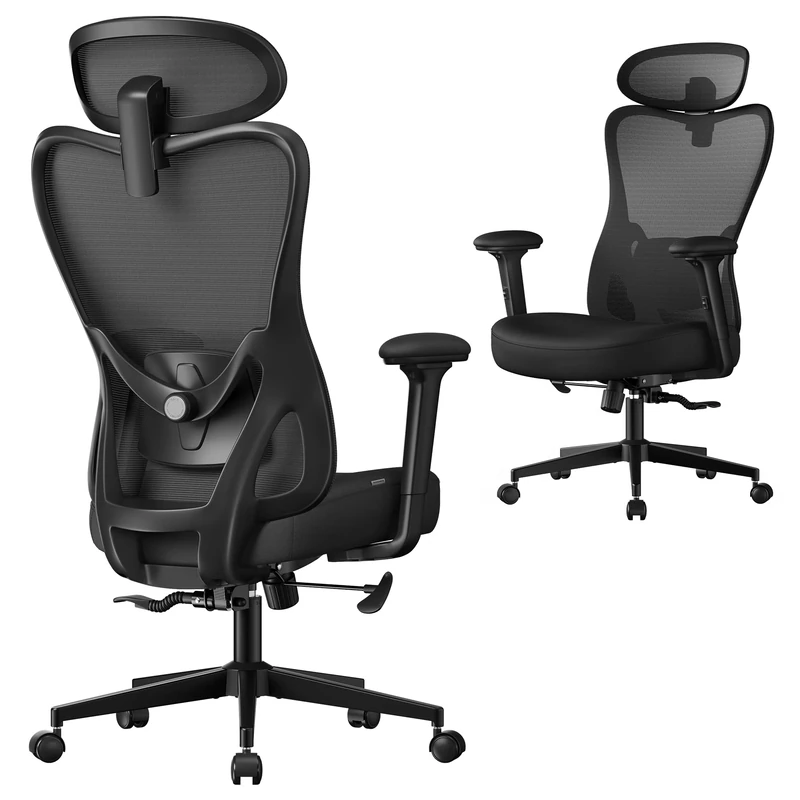 SONGMICS Ergonomic Office Chair, Computer Desk Chair, Adjustable Lumbar Support and Headrest, 150 kg Weight Capacity, Height Adjustable, Ink Black OBN066BH02