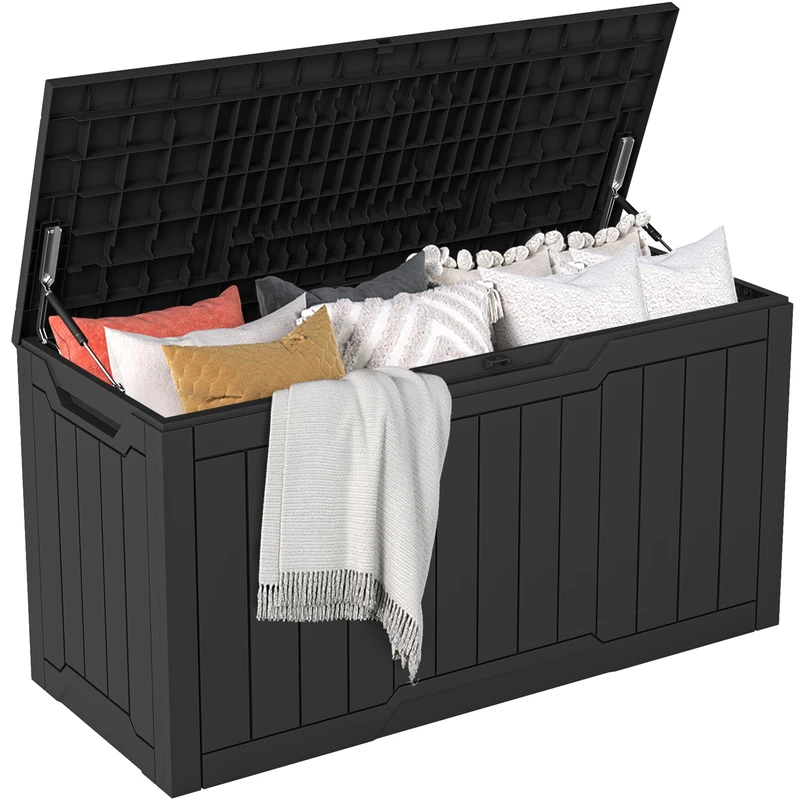 DWVO Outdoor Garden Storage Box|300L 115x46.8x58cm|Waterproof||Securely Lockable|Side Carry Handles|All Weather Resistant|Patio Resin Deck Box for Pillows, Equipment,Shoe(Black)