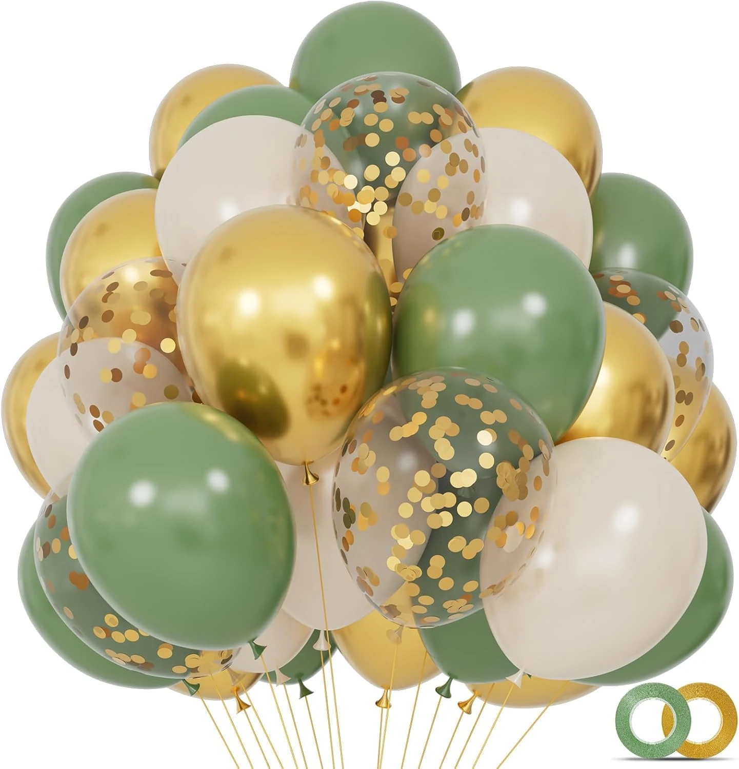 68Pcs Balloons Kit 12 Inch Sage Green Balloon Sand White Metallic Gold Balloon Confetti with Ribbons, PartyBalloons for Baby Bridal Shower wedding BirthdayDecorations