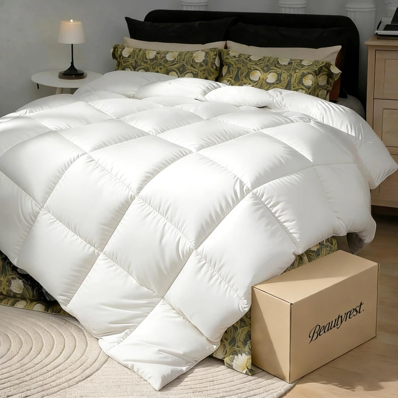 Beautyrest White Goose Down Fiber Comforter Queen Size,100% Cotton Extra Warmth Ultra-Soft Luxury Duvet Insert for Cold Weather, Hotel Collection Hypoallergenic Bedding,90''x90''