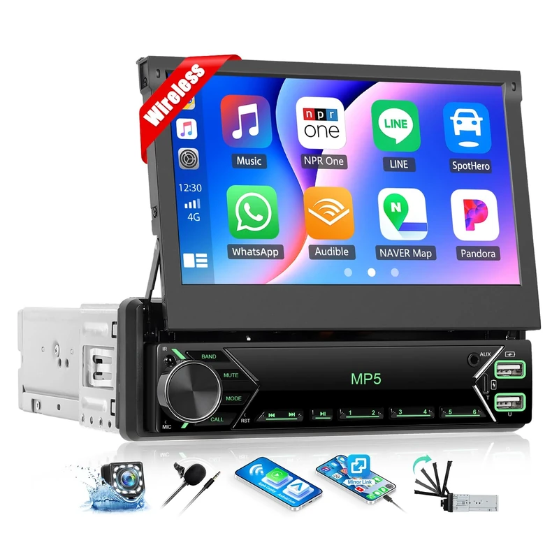 OiLiehu Single Din Touchscreen Car Stereo with Wireless CarPlay Android Auto, 7'' Flip Out Car Screen with Bluetooth, Mirror Link, FM Radio, EQ, SWC, AUX-IN, 2 USB, Type-C, Backup Camera, MIC