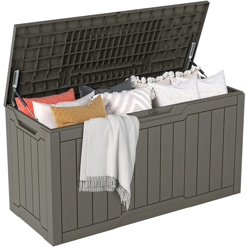 DWVO Outdoor Garden Storage Box|300L 115x46.8x58cm|Waterproof||Securely Lockable|Side Carry Handles|All Weather Resistant|Patio Resin Deck Box for Pillows, Equipment,Shoe(Taupe)