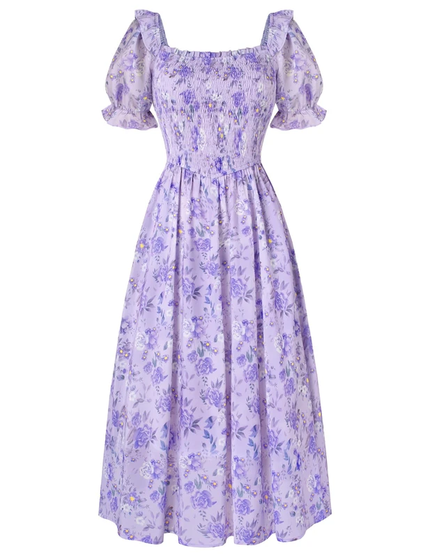 Scarlet Darkness Women's Cottagecore Dress Puff Sleeve Square Neck Flowy Smocked Maxi Dress, Misty Lilac, S - Image 1