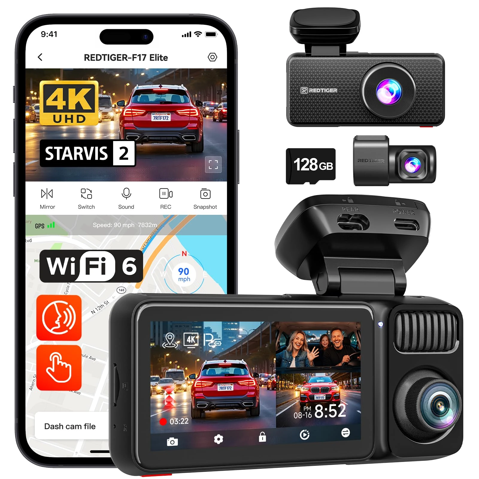 REDTIGER F17 Elite 4K 3 Channel Dash Cam, STARVIS 2 IMX678 & IMX675, 128GB Card, Full Night Color, 4K+2.5K+1080P Front and Rear Inside, Touch Screen, Voice Control, 5GHz WiFi 6, GPS, HDR, Parking Mode