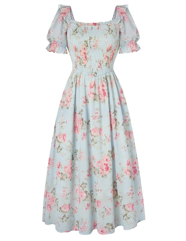 Scarlet Darkness Women's Cottagecore Dress Puff Sleeve Square Neck Flowy Smocked Maxi Dress, Mist Blue Garden, L - Image 1